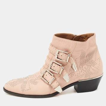 Pre Owned Chloe Pink Studded Leather Susanna Ankle Boots Size 38