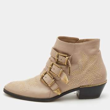 Pre Owned Chloe Beige Leather Studded Susanna Ankle Boots Size 39