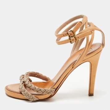 Pre Owned Chloe Brown/Gold Leather Embellished Ankle Strap Sandals Size 38.5