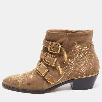Pre Owned Chloe Brown Studded Suede Susanna Ankle Boots Size 38.5