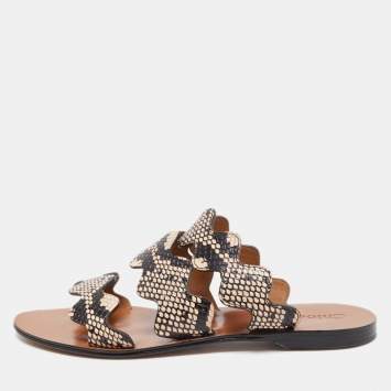 Pre Owned Chloe Two Tone Python Embossed Leather Lauren Strappy Flat Sandals Size 36.5