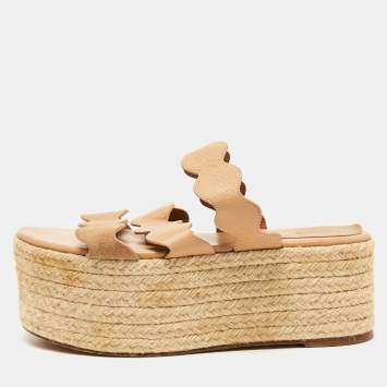 مملوكة مسبقًا Chloe Beige Leather Lauren Espadrille Slide Sandals Size 37