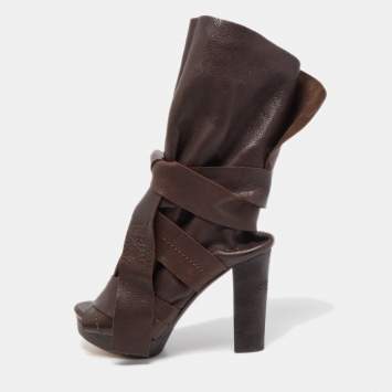 مملوكة مسبقًا Chloe Brown Leather Ankle Wrap Ankle Boots Size 38