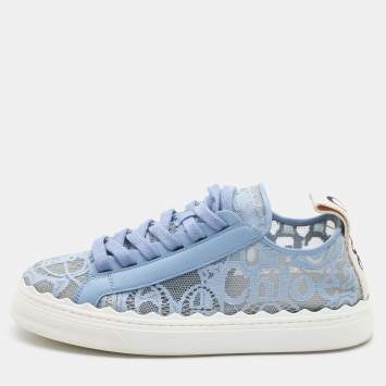 Pre Owned Chloe Blue Lace and Leather Lauren Low Top Sneakers Size 40