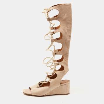 Pre Owned Chloe Beige Suede Gladiator Wedge Ankle Wrap Sandals Size 38.5