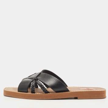 Pre Owned Chloe Black Leather Cross Strap Woody Flat Slides Size 36