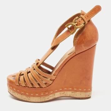 Pre Owned Chloe Brown Leather Buckle Detail Platform Wedge Ankle Strap Sandals Size 38