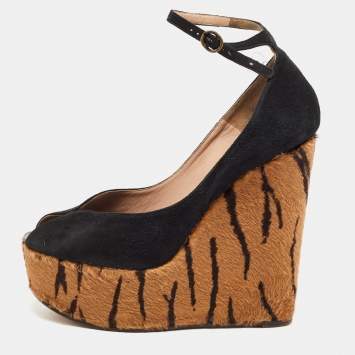 Pre Owned Chloe Black Suede Peep Toe Ankle Strap Printed Wedge Sandals Size 38