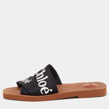 Pre Owned Chloe Black Canvas Embroidered Logo Woody Flat Slides Size 39