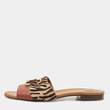 Pre Owned Chloe Tricolor Leather and Animal Print Calf Hair Flat Slides Size 42