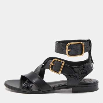 Pre Owned Chloe Black Croc Embossed and Leather Ankle Strap Flats Size 39