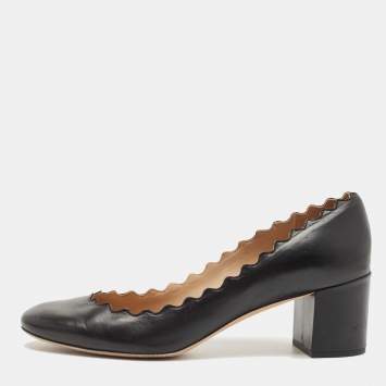 Pre Owned Chloe Navy Black Leather Laurena Scalloped Block Heel Pumps Size 37.5