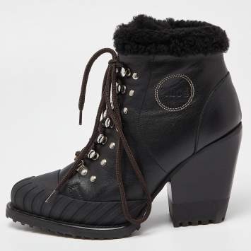 Pre Owned Chloe Black Leather Lace Up Ankle Booties Size 39