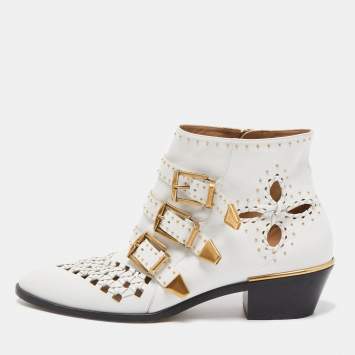 Pre Owned Chloe White Leather Cutout Studded Susanna Boots Size 40