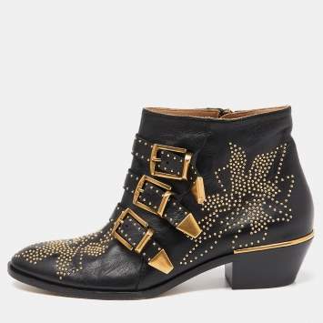 Pre Owned Chloe Black Studded Leather Ankle Boots Size 39
