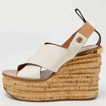 Pre Owned Chloe White/Tan Leather Cross Strap Wedge Platform Slingback Sandals Size 38