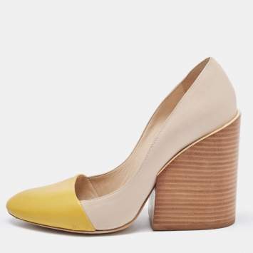 Pre Owned Chloe Two Tone Leather Wooden Block Heel Pumps Size 37.5