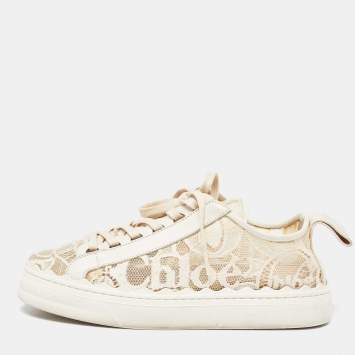 Pre Owned Chloe Beige Mesh  and Leather Lauren Lace Up Sneakers Size 38