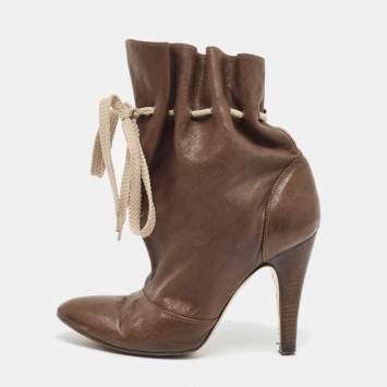 Pre Owned Chloe Olive Green Leather Lace Up Ankle Boots Size 37