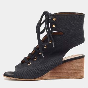 Pre Owned Chloe Black Canvas Lace Up Open Toe Block Heel Ankle Wedge Booties Size 38