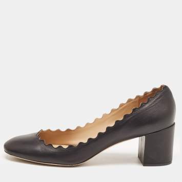 Pre Owned Chloe Black Scalloped Leather Lauren Block Heel Pumps Size 40