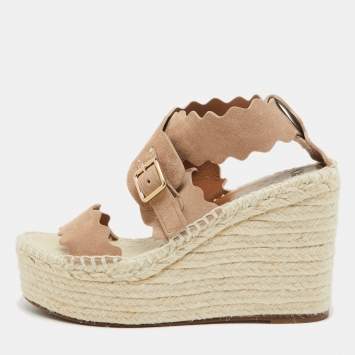 Pre Owned Chloe Beige Suede Lauren Scalloped Espadrille Wage Sandals Size 39