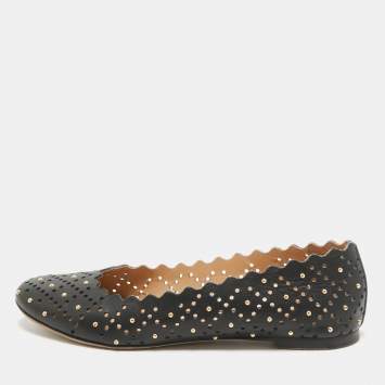 Pre Owned Chloe Black Studded Leather Round Toe Flat Ballet Flats Size 37