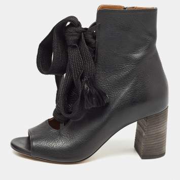 Pre Owned Chloe Black Leather Harper Peep Toe Ankle Wrap Booties Size 37.5