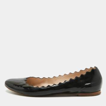 Pre Owned Chloe Black Patent Leather Laurena Scalloped Ballet Flats Size 39.5