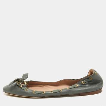 Pre Owned Chloe Grey Leather Knotted Chain Bow Ballet Flats Size 38