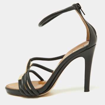 Pre Owned Chloe Black Leather Strappy Ankle Strap Sandals Size 38