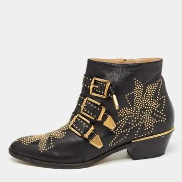 مملوكة مسبقًا Chloe Black Leather Susanna Ankle Boots Size 39.5