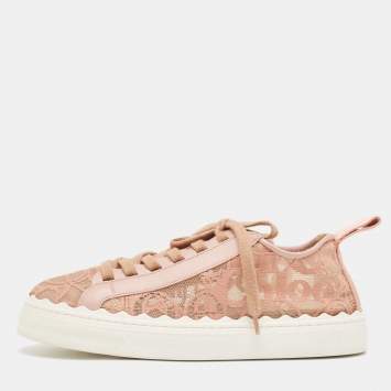 Pre Owned Chloe Pink Lace and Mesh Lauren  Lace Up Sneakers Size 41