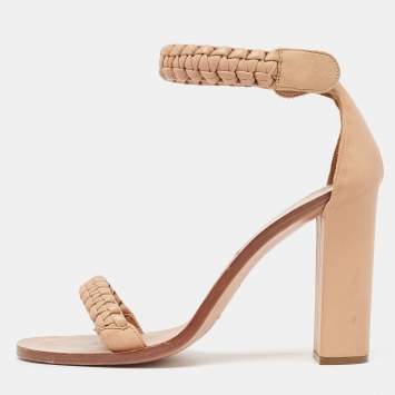 Pre Owned Chloe Brown Beige Leather Ankle Strap Sandals Size 37.5