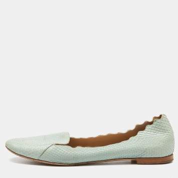 Pre Owned Chloe Green Watersnake Leather Scalloped Ballet Flats Size 38