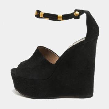 Pre Owned Chloe Black Suede Platform Wedge Ankle Strap Sandals Size 39
