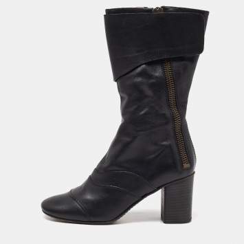 Pre Owned Chloe Black Leather Block Heel Mid Calf Boots Size 37