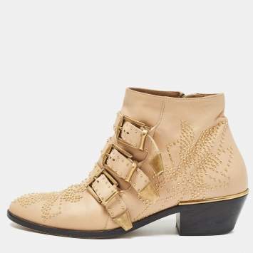 Pre Owned Chloe Beige Leather Susanna Ankle Boots Size 37