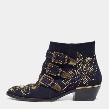 Pre Owned Chloe Blue Suede Western Studded Buckle Detail Ankle Boots Size 37