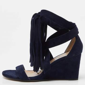 Pre Owned Chloe Navy Blue Suede Cross Strap Fringe Detail Wedge Sandals Size 36