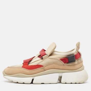 Pre Owned Chloe Beige/Maroon Mesh and Suede Sonnie Sneakers Size 37
