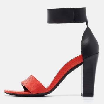 Pre Owned Chloe Red/Black Leather and Snake Skin Block Heel Ankle Cuff Sandals Size 37