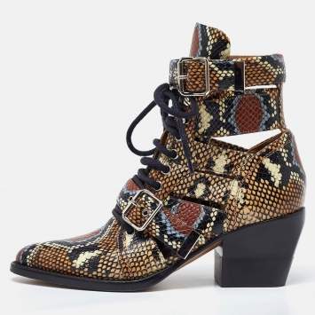 Pre Owned Chloe Multicolor Python Embossed Leather Rylee Cut Out Buckle Detail Ankle Boots Size 37.5