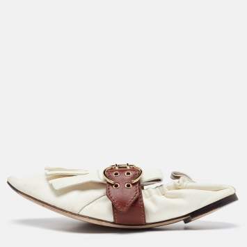 Pre Owned Chloe White/Brown Leather Fringe Ballet Flats Size 41