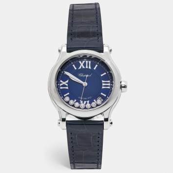 Pre Owned Chopard Blue Stainless Steel Alligator Leather Happy Sport 278559-3008 Women's Wristwatch 36 mm
