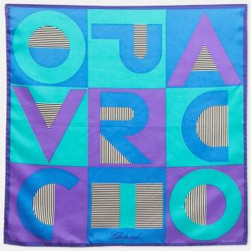 Pre Owned Chopard Blue/Multicolor Logo Print Silk Scarf 