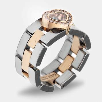 Pre Owned Chopard Happy Diamond Steel 18k Rose Gold Panther Link Flex Ring Size 55