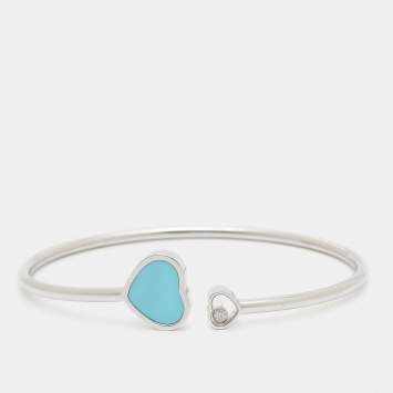 Pre Owned Chopard Happy Heart Diamond Turquoise 18k White Gold Open Cuff Bracelet