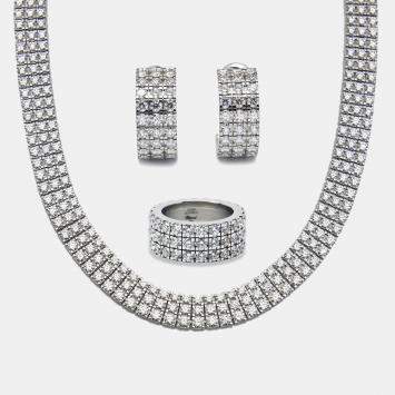Pre Owned Chopard Ice Cube Three Row Diamonds 18K White Gold Necklace, Earrings & Ring Set
