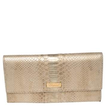 Pre Owned Chopard Metallic Gold Python Embossed Leather Continental Wallet 